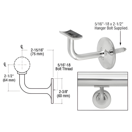 HR15B4PS polished stainless steel wall handrail bracket, 2-15/16" (75mm) projection, fits 11 2-2" rail tubing.