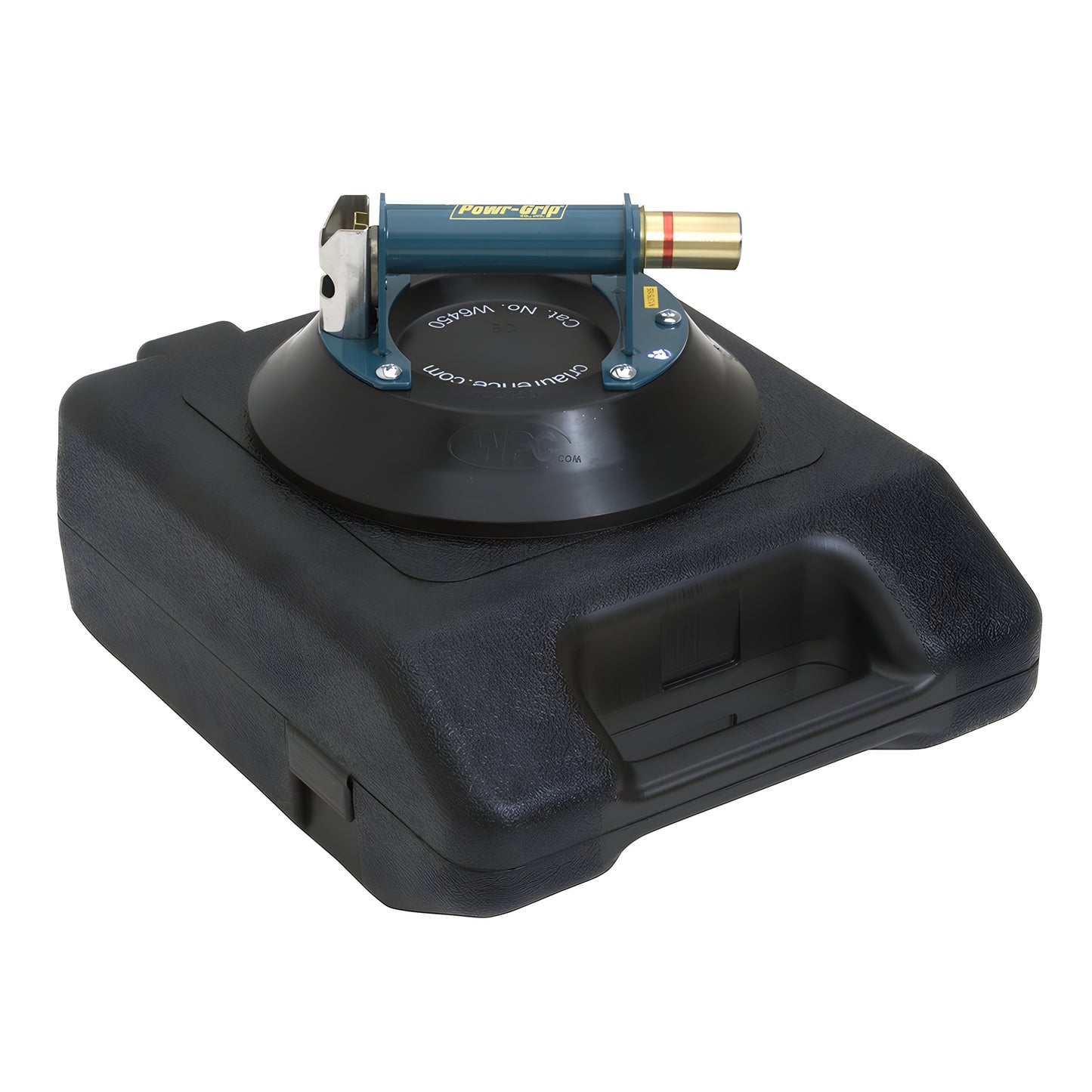 W6450 10" vacuum suction cup - concave black pad, blue metal handle, brass plunger with red vacuum indicator