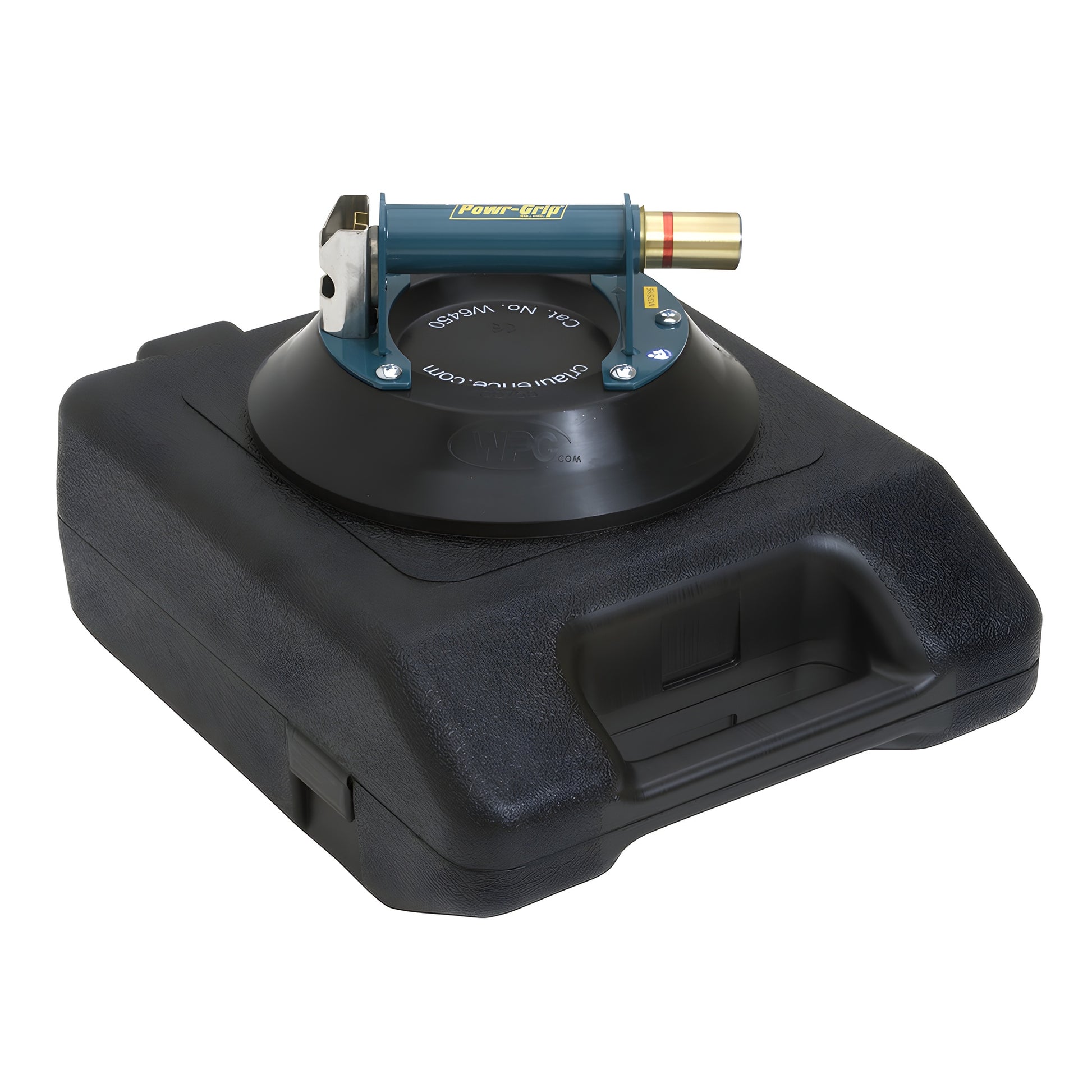 W6450 10" vacuum suction cup - concave black pad, blue metal handle, brass plunger with red vacuum indicator