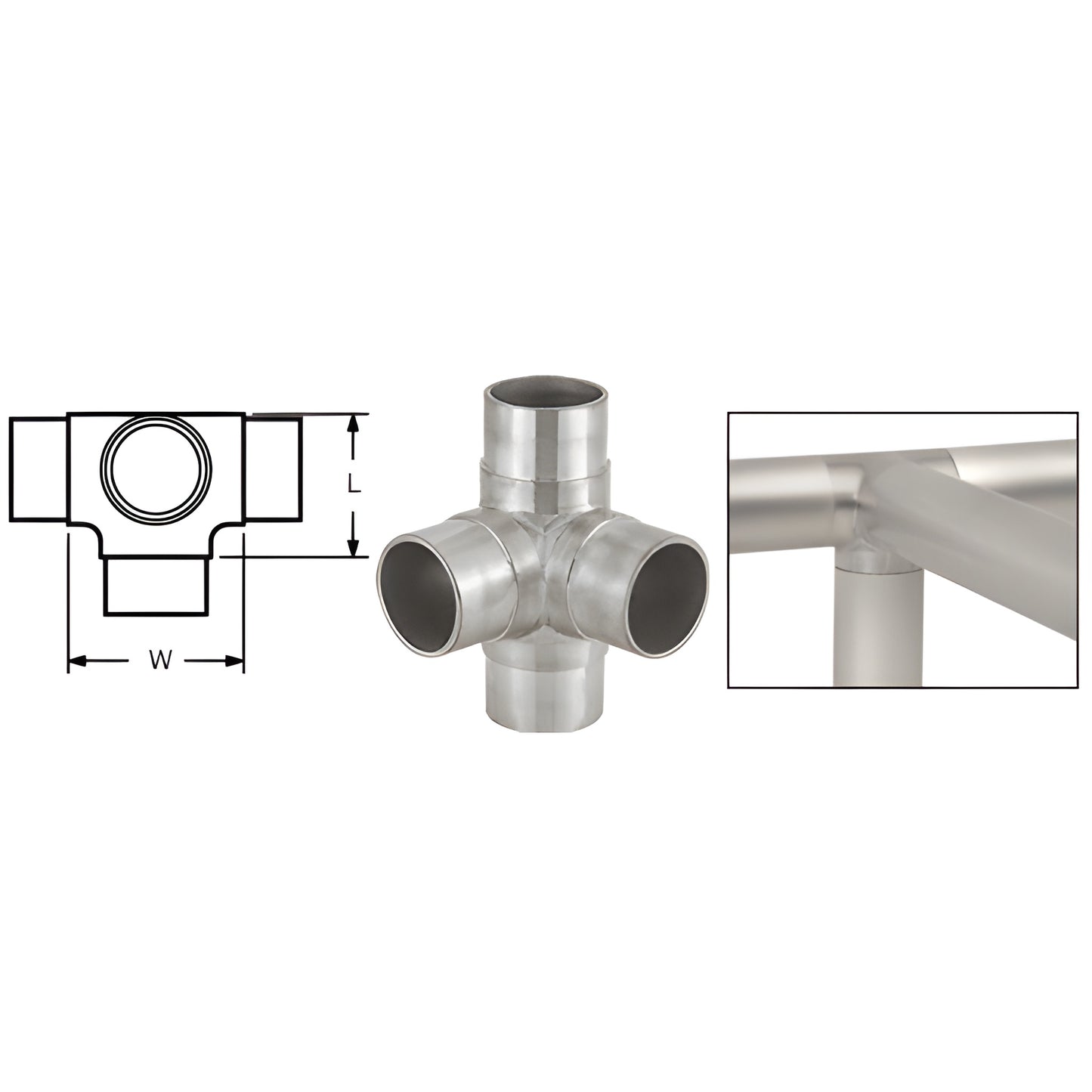 Brushed stainless side outlet tee HR20LBS for HR20 handrail tubing, connector for glass partitions and sneeze guards.