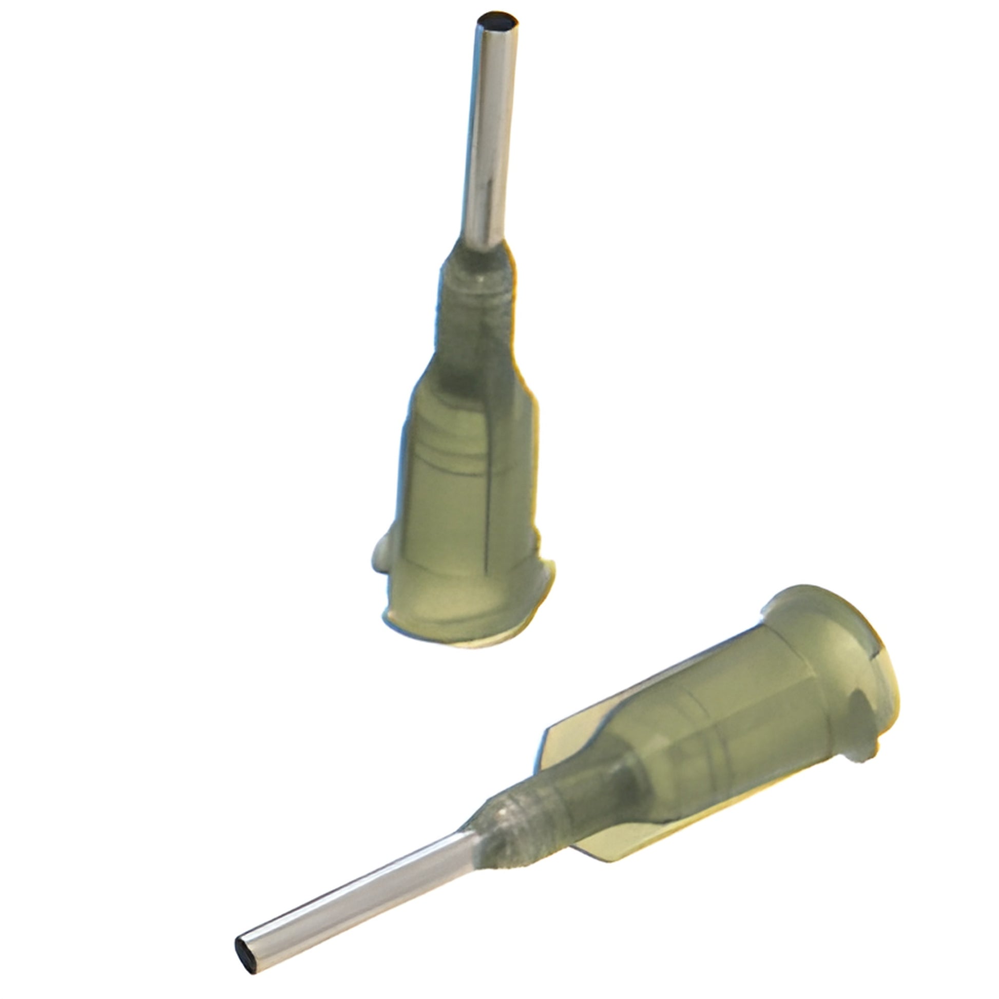 Dark green UV dispensing needle, 1.55mm (SKU UVN155), metal tip, two views