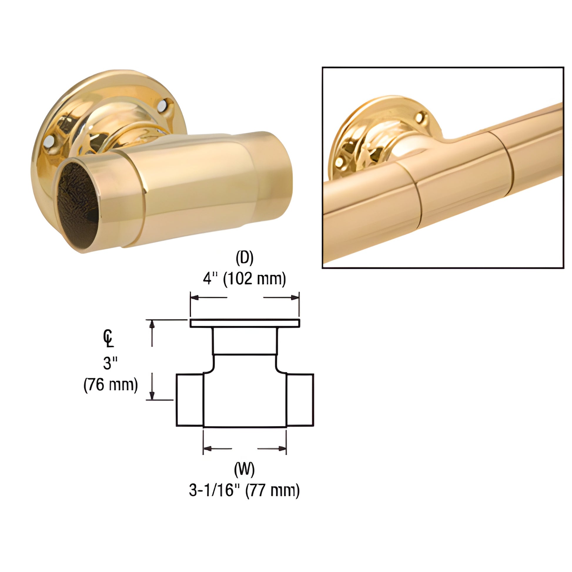 HR20UPB polished brass flush wall-mount tee for 3" centerline handrail, low-profile connector with mounting flange.