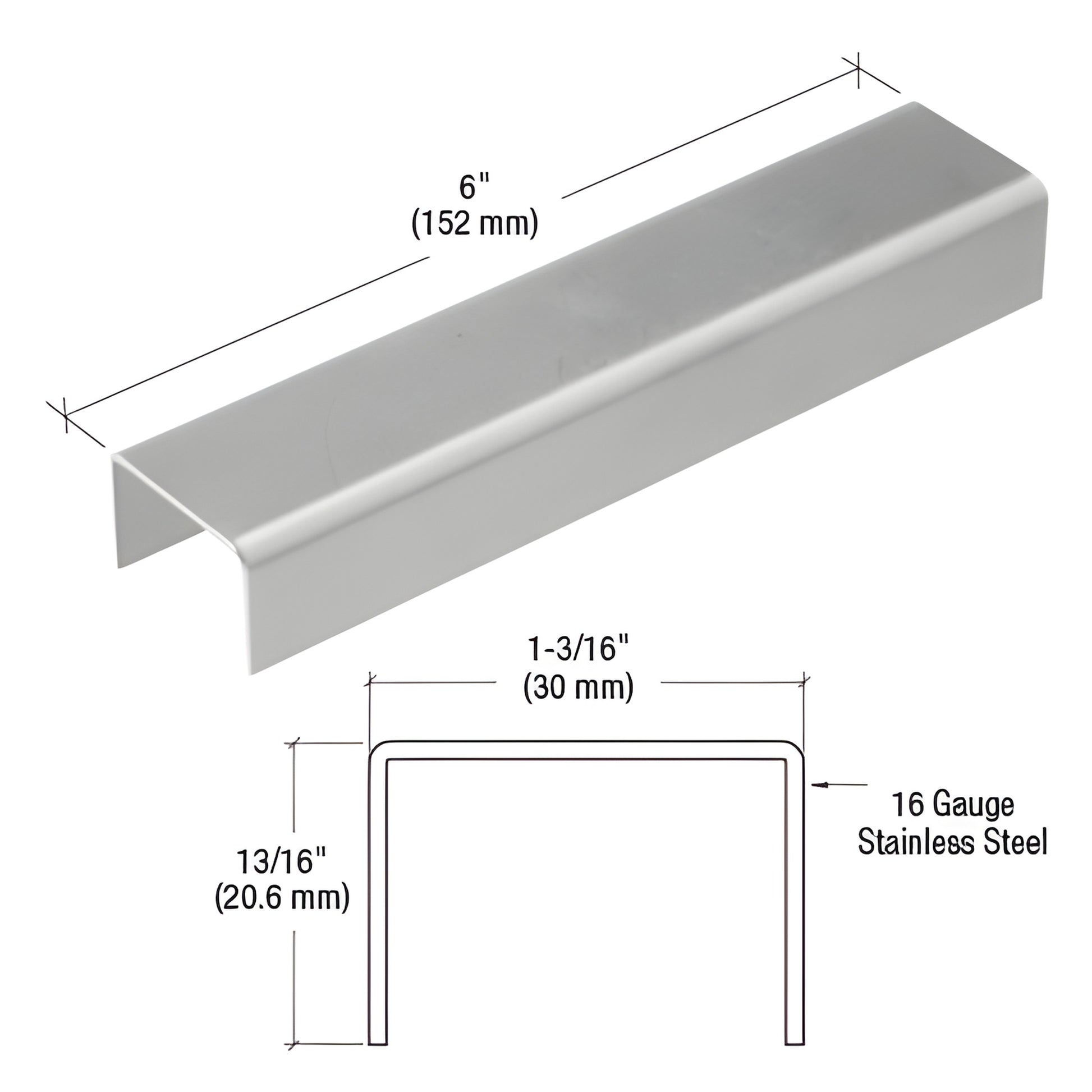 Stainless steel U-channel connector sleeve for L10 cap railing, 6" long, 1-3/16" (30mm) wide.