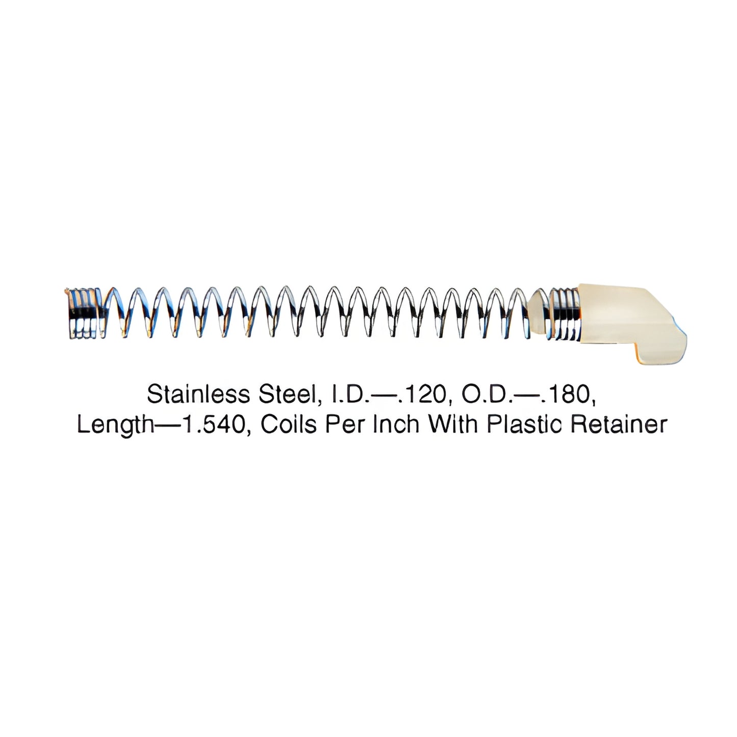 Plated steel slide bolt spring with plastic retainer, 1.54" length, 13 coils/in, SKU 8567B