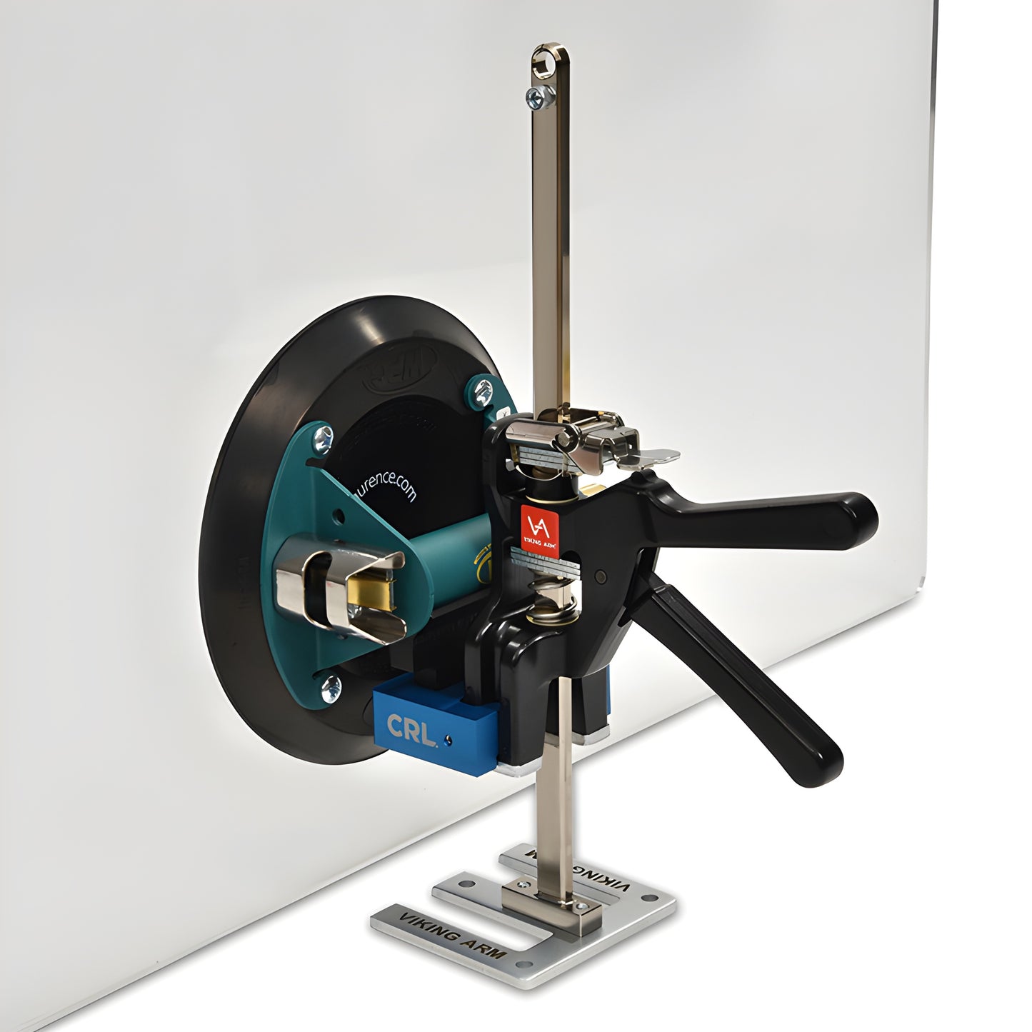 GP3100 glass lifting accessory - blue anodized base with black angled saddle for precise large-format glass