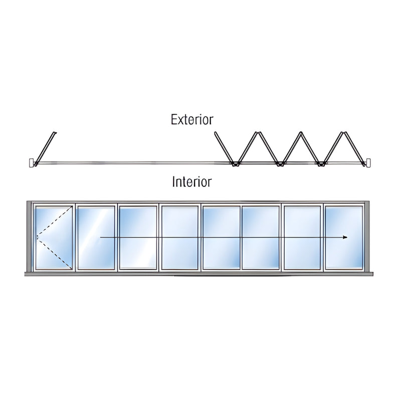 Monterey 8-panel framed aluminum bi-fold glass wall, exterior panels fold/stack right, powder-coated finish, thermally broken