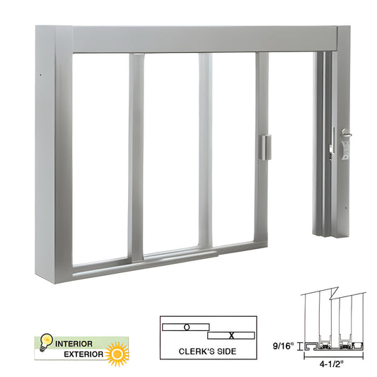 Satin anodized aluminum self-closing 48x36 commercial sliding service window, OX clerkside config, unglazed.