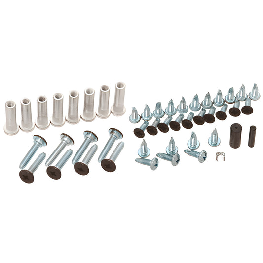 CRL 26245DU Roton hinge replacement screw pack-assorted screws, pins and dark bronze caps laid out on white.