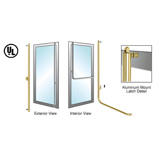 PA100F4AKSB satin brass panic handle for 1/2"-3/4" tempered glass doors, aluminum/wood mount, left-hand reverse