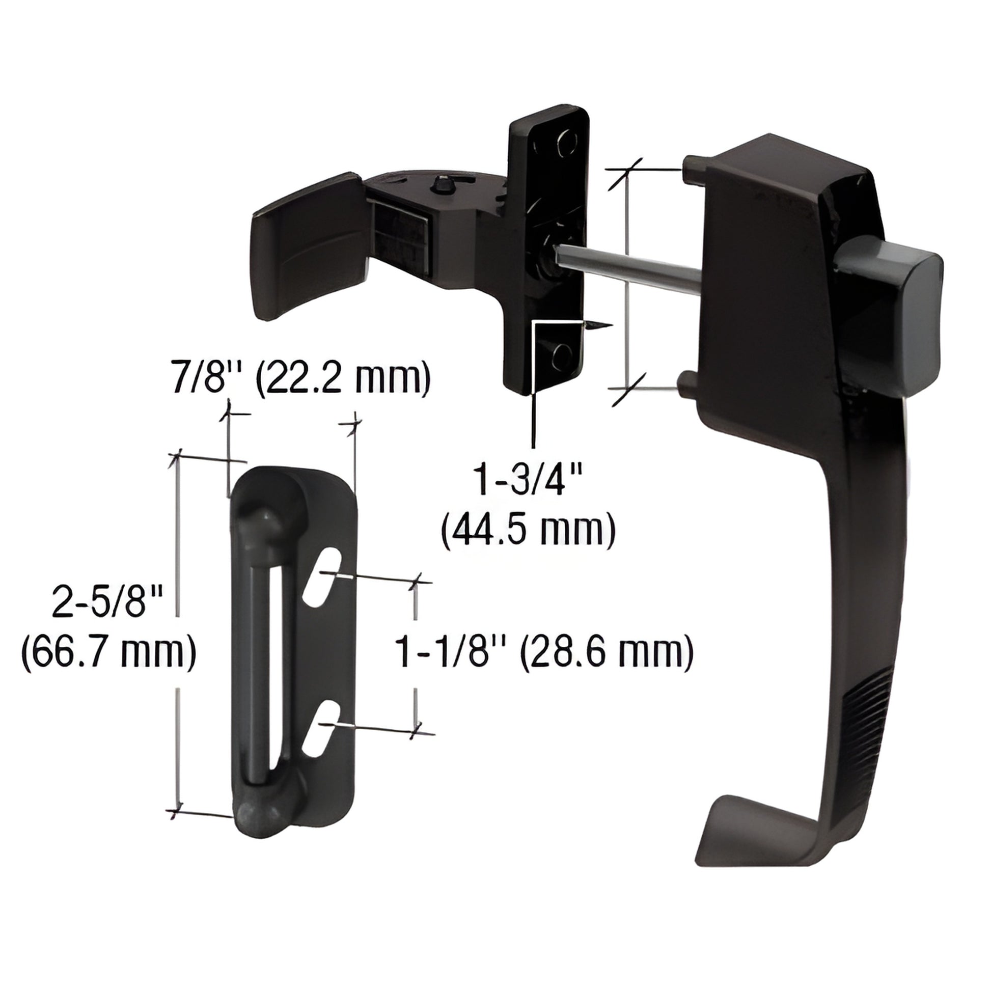 Black CRL push-button latch for outswing screen/storm doors, SKU K5071; fits 5/8-11 4 doors with 1-3/4 mounting center.