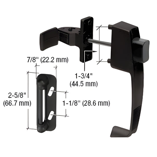 Black CRL push-button latch for outswing screen/storm doors, SKU K5071; fits 5/8-11 4 doors with 1-3/4 mounting center.