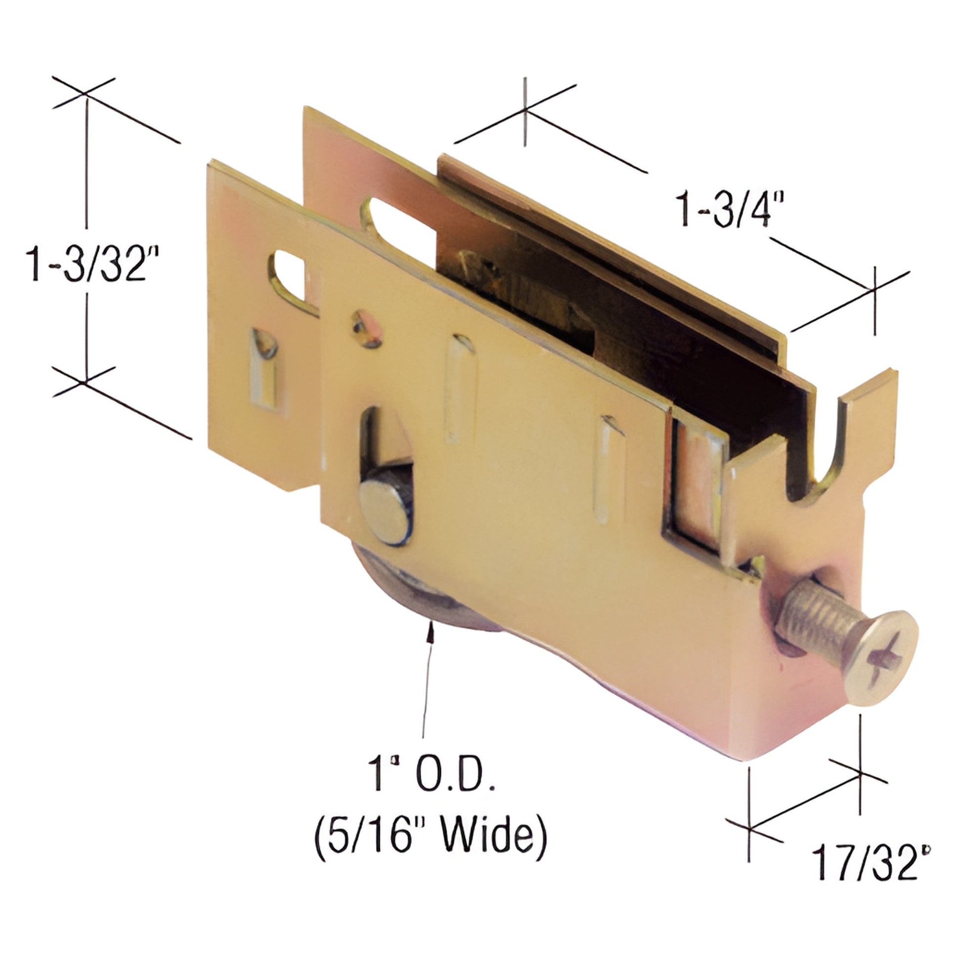 D1774 adjustable steel sliding glass door roller with 1" flat wheel; 1-3/4" housing, 17/32" wide - fits Capitol doors.