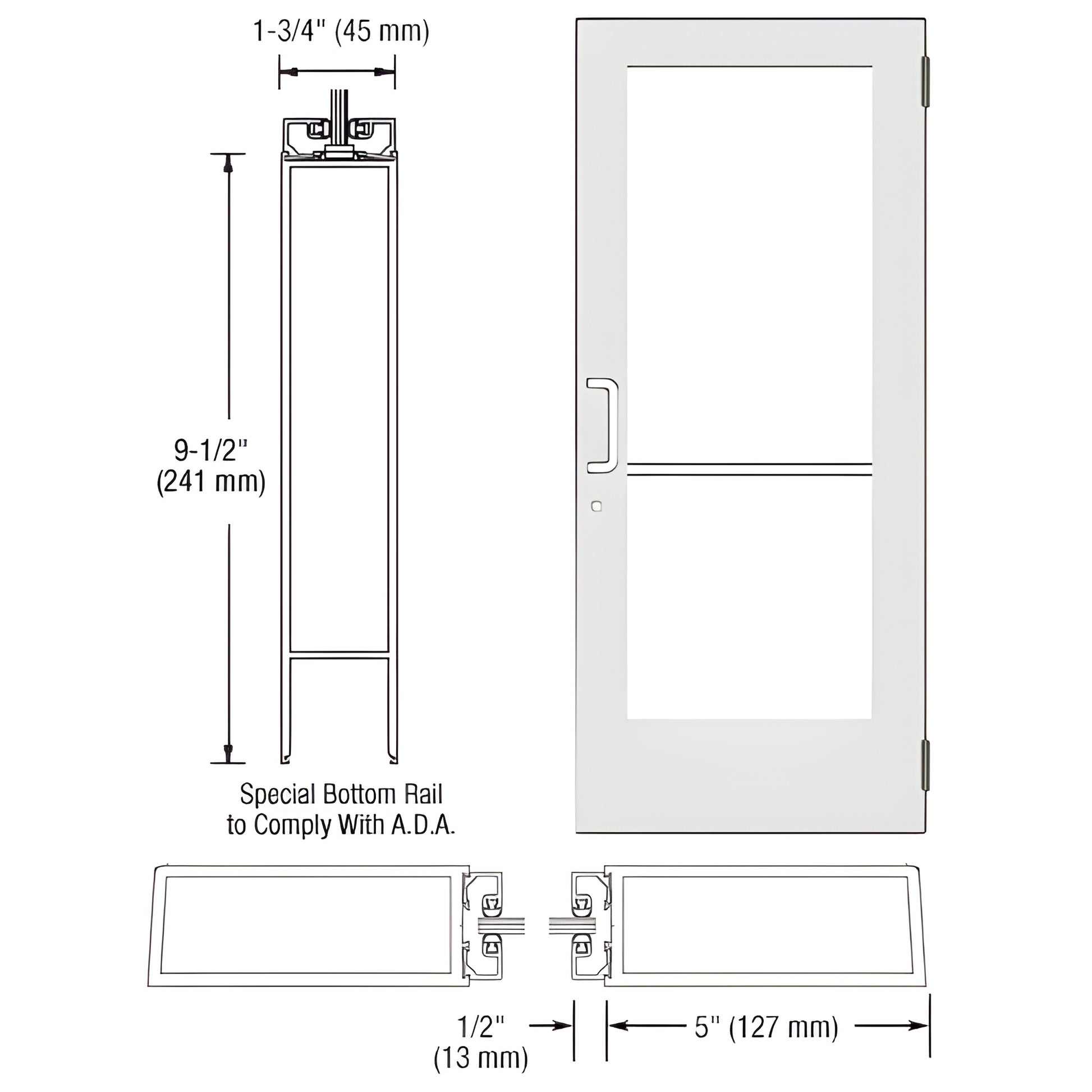 DE51552 White Kynar custom wide-stile entrance door, 5" stiles, ADA 91 2" bottom rail, accepts 1/4" tempered glass.