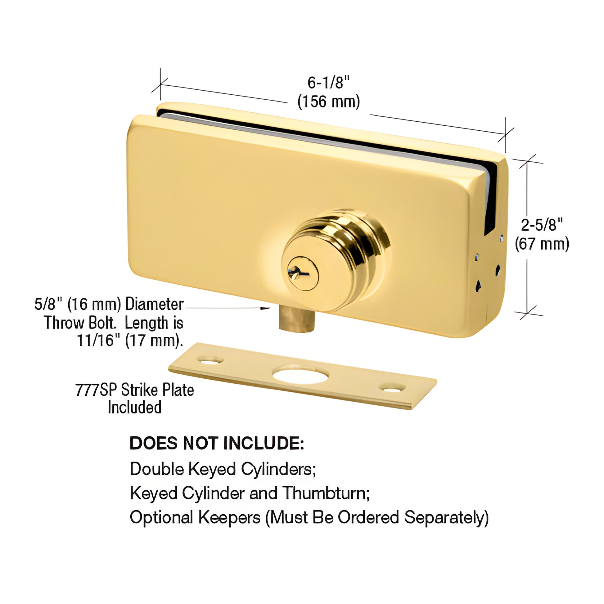 AMR215BR American-style polished brass patch lock for frameless glass doors, 6-1/8 2-9/16 in, includes strike plate.