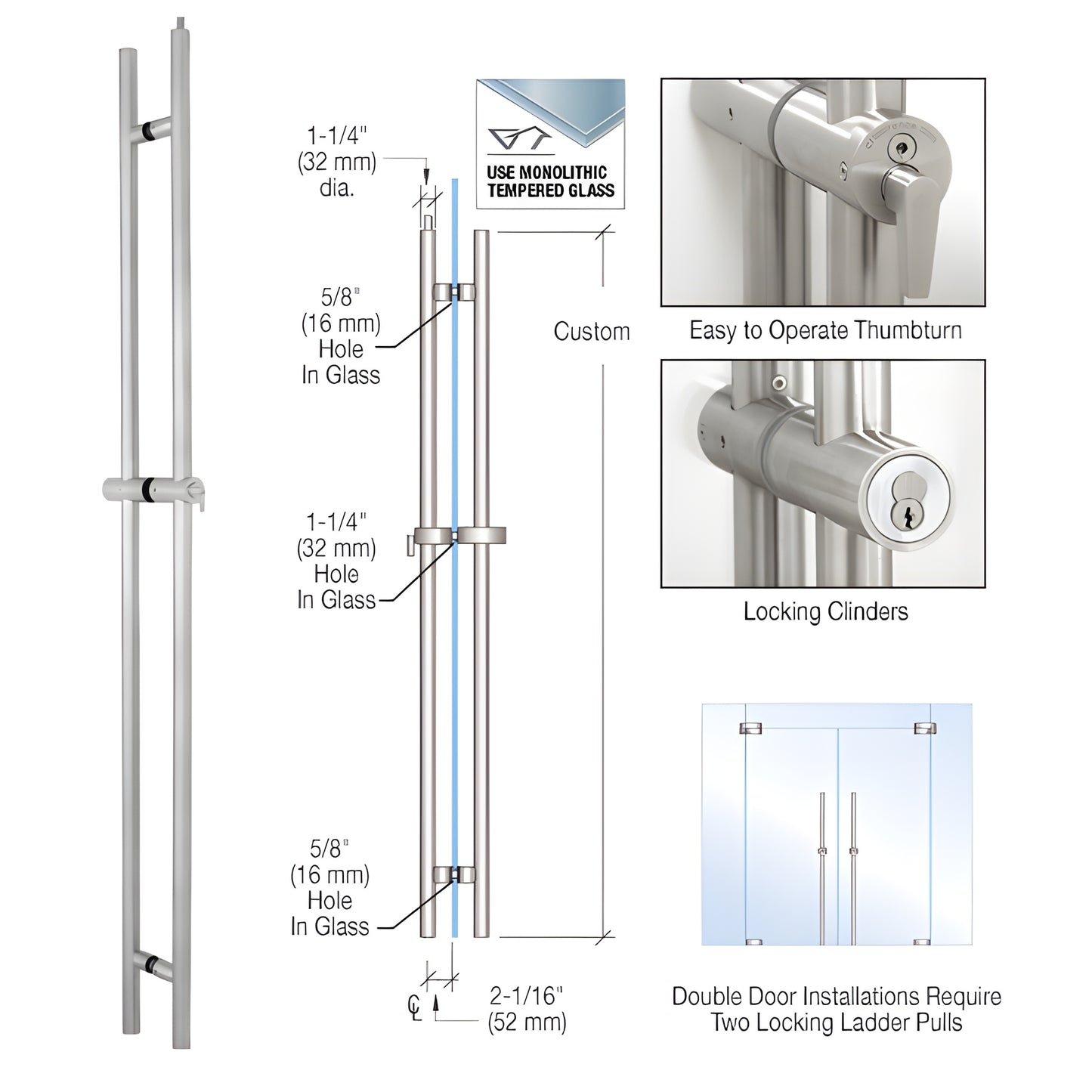 LLPA108UBS brushed stainless locking ladder pull for 1/2-3/4" tempered glass doors, 1-1/4" dia, thumbturn and keyed cylinder.