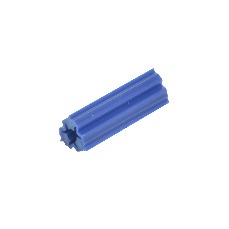 Blue plastic masonry anchor (SKU CTA12), 1" long ribbed cylinder with star interior, for concrete/brick - 5/16" drill hole
