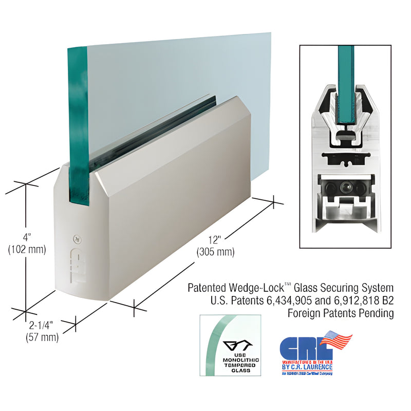 CRL Wedge-Lock 12 in satin anodized aluminum tapered door rail, 4 in height, for 3/4 in glass (SKU DR4TSA34P)