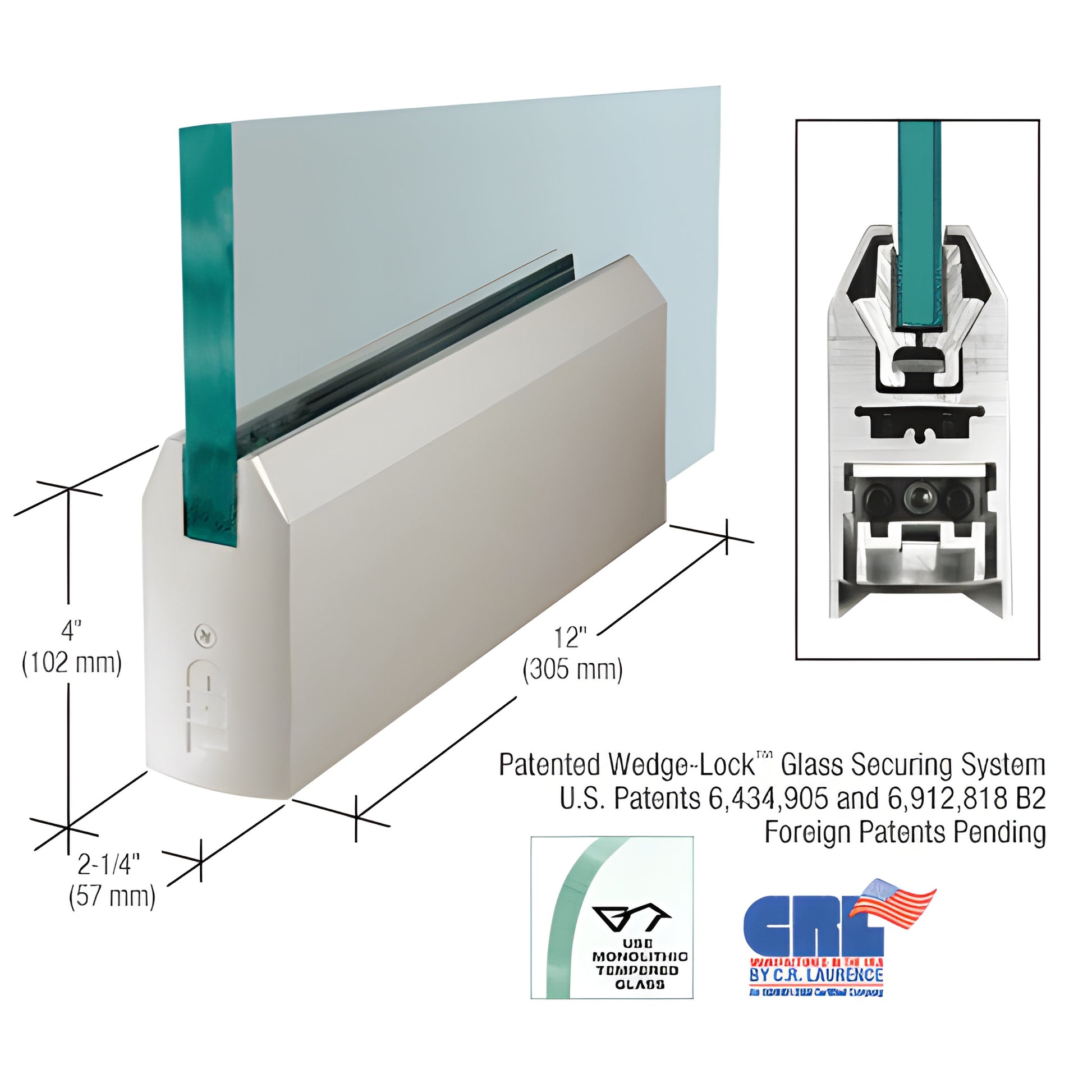 Satin anodized aluminum 12" tapered Wedge-Lock door rail for 5/8" tempered glass (SKU DR4TSA58P)