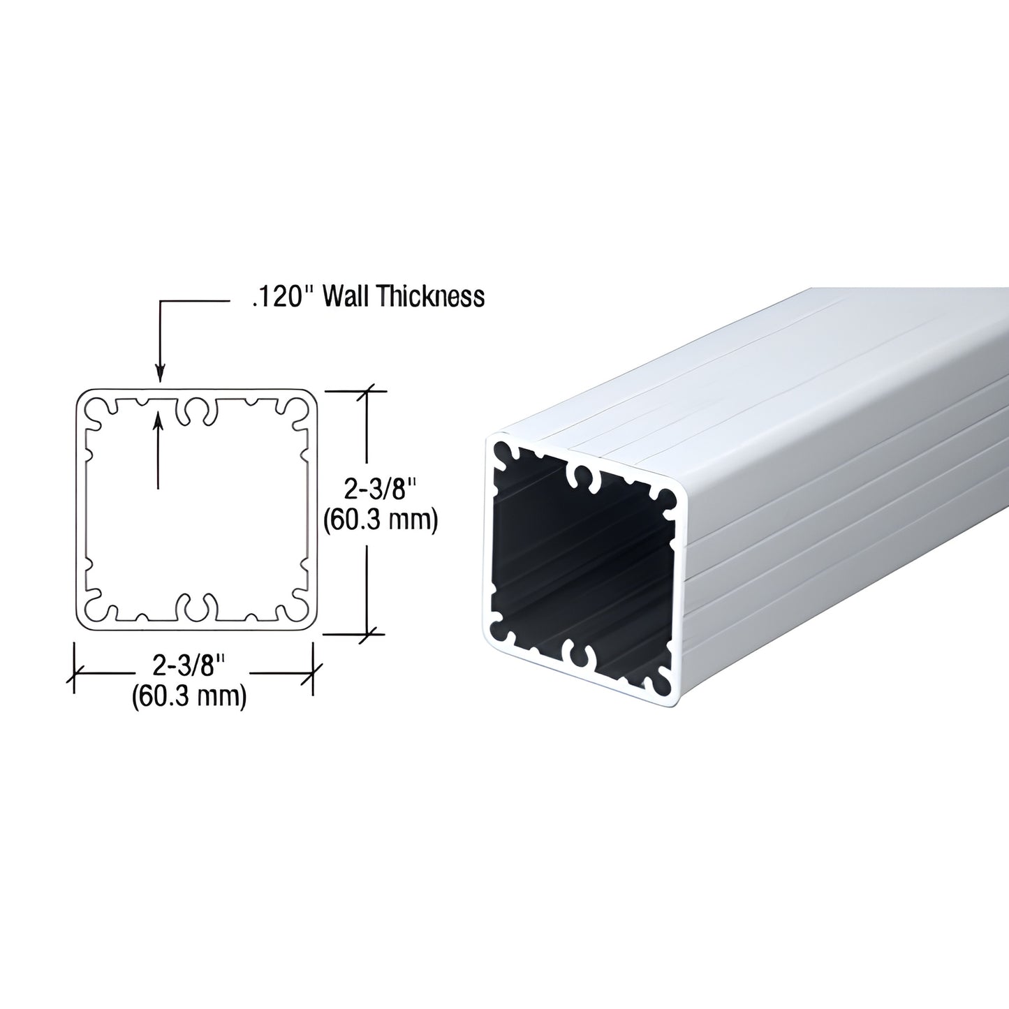 CRL 100 Series aluminum fascia post (SKU 1FP42M), mill finish 2-3/8" square profile shown with cross-section diagram.