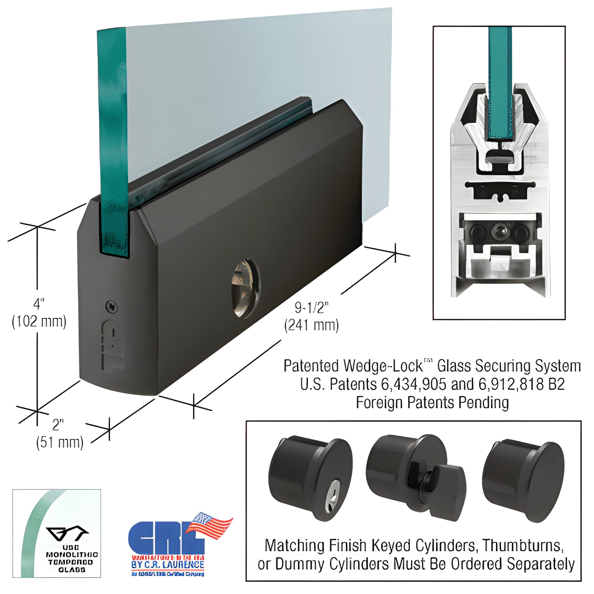 Gloss black 9-1/2" tapered aluminum door rail patch for 1/2" tempered glass with Wedge-Lock and keyed cylinder.