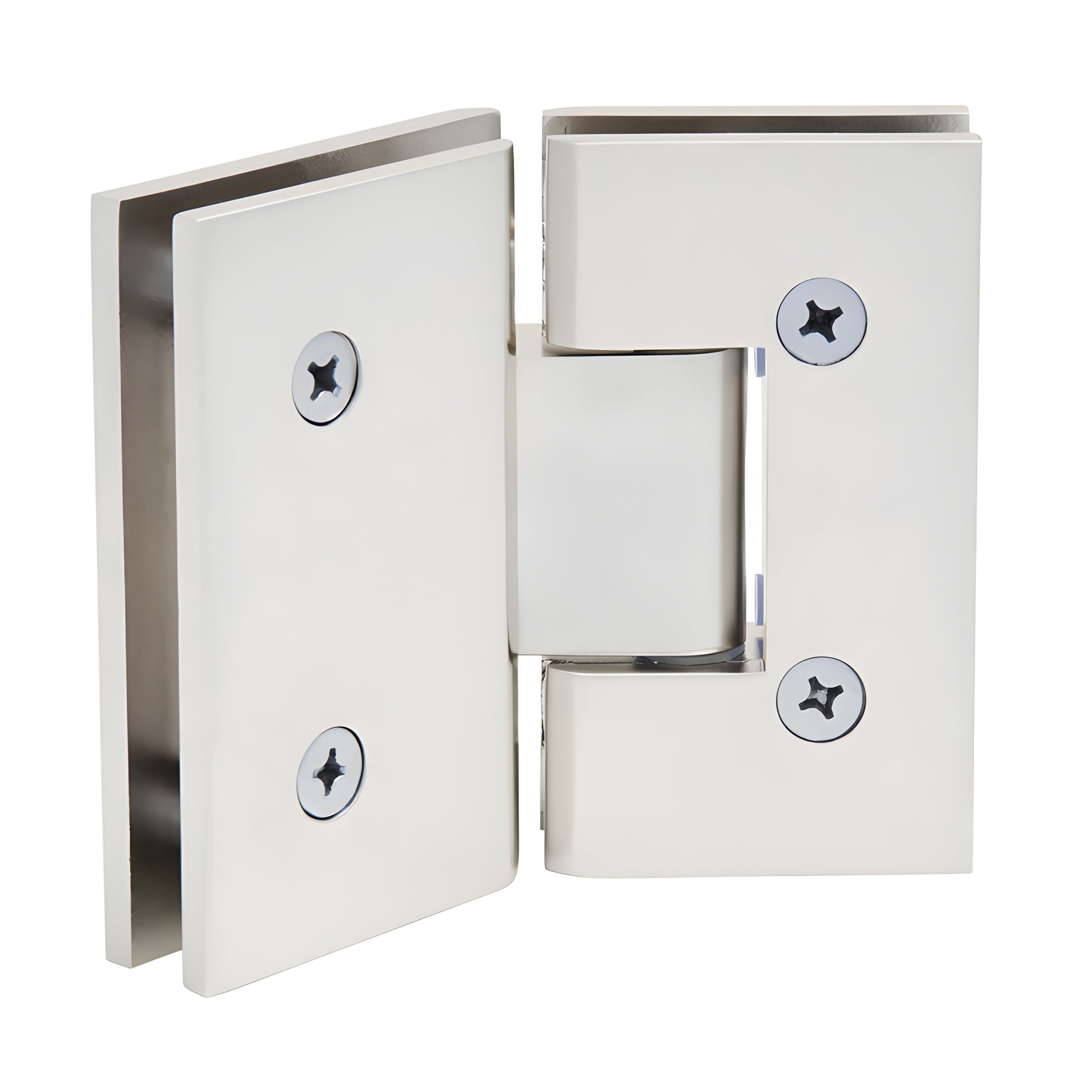 Satin nickel Vienna V1E045SN solid-brass 135 glass-to-glass frameless shower hinge, squared design.