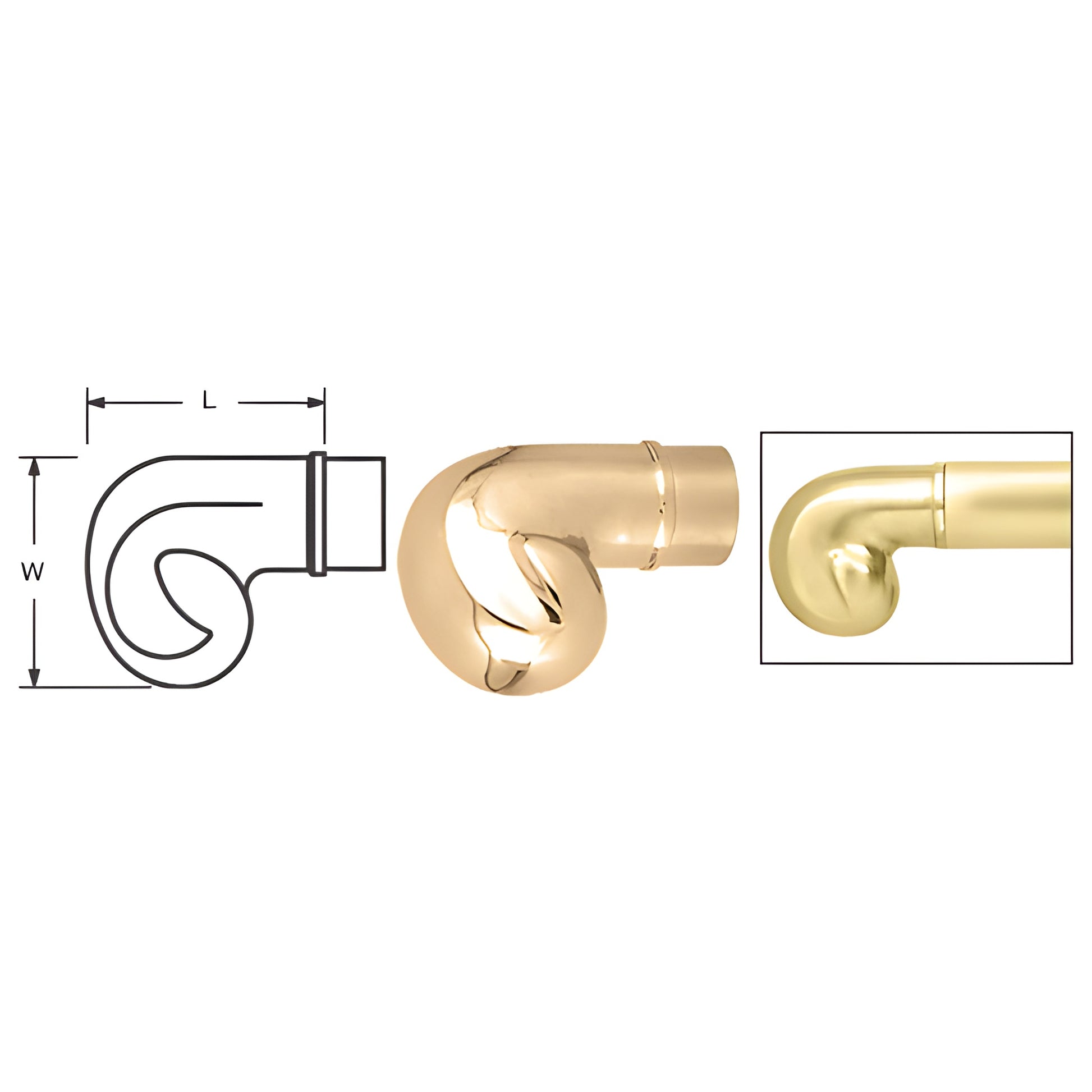Polished brass CRL End Scroll HR15EPB slip in handrail end cap, tubular railing fitting with diagram and close up.