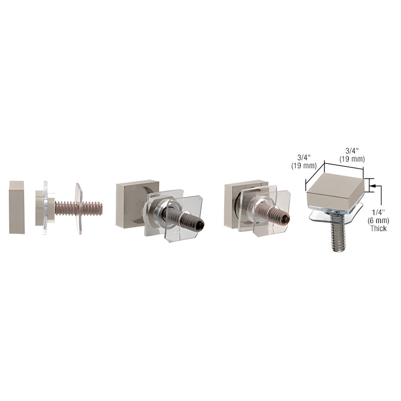 CRL SQSKSN satin nickel brass washer & stud set (2) exploded view with dimensions, caps and studs
