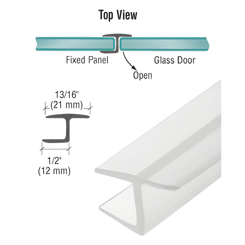 PCC10 clear polycarbonate Y jamb seal with soft vinyl leg for 180 glass-to-glass shower doors, 95" length, 3/8" (10mm) glazi