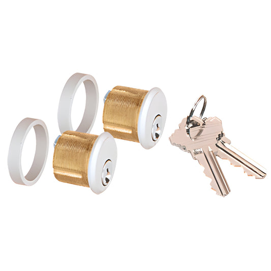 AMR205CCA brass patch lock cylinders with satin-anodized white trim rings and two keys, 29mm diameter.