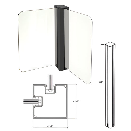 Matte black aluminum Cielo windscreens post (SKU C84CRKBL), 84 in tall 41 2 in deep, slim 31 4 in front for glass railing.