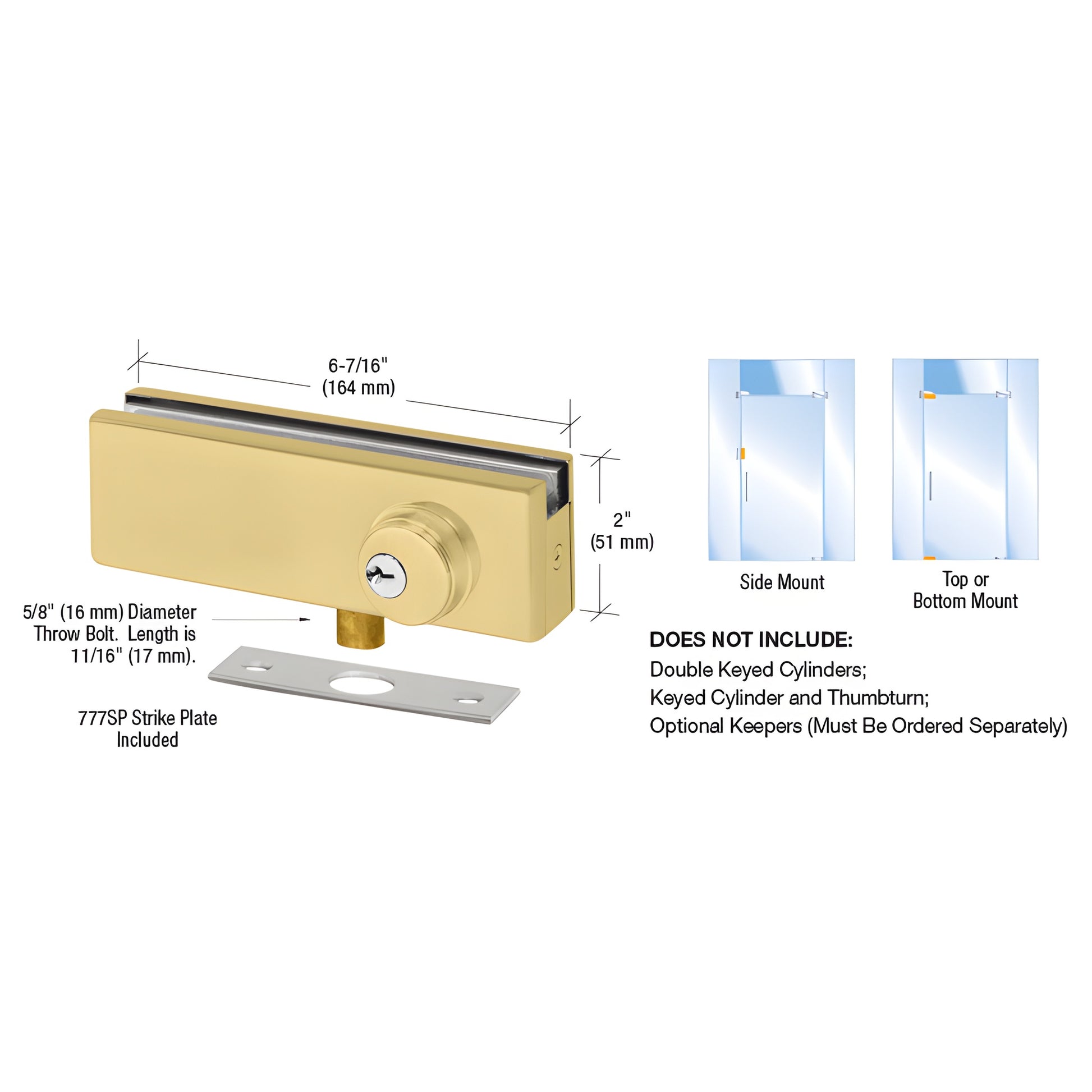 AMR205SB satin brass American patch lock for 3/8-1/2 glass, 6-7/16 2 , includes strike plate