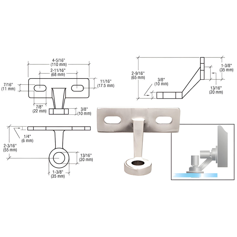 CRL GRF1PS stainless wall/fin mount for monolithic tempered glass - compact low-profile glass bracket, studs included.