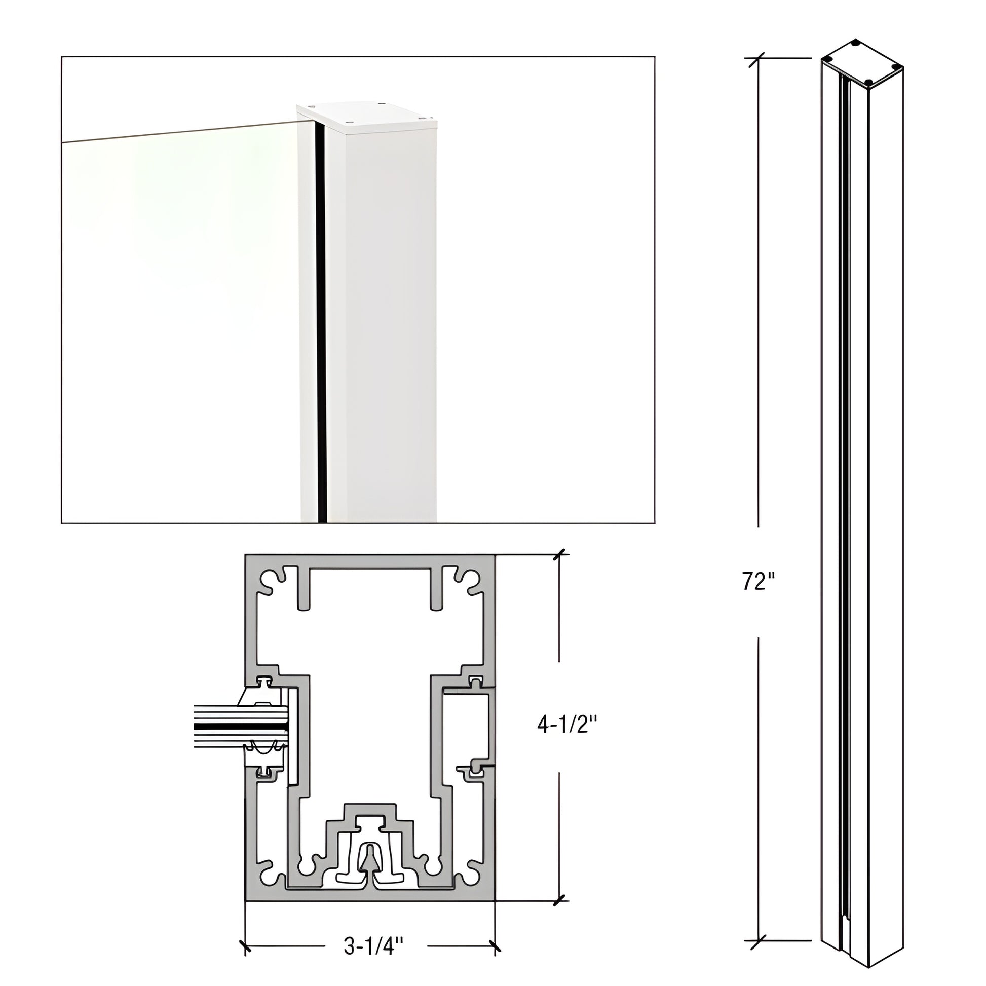 Cielo windscreens post (SKU C72EKW): white 72 in aluminum glass post, 3-1/4 in trim, 4-1/2 in depth, snap-in cover