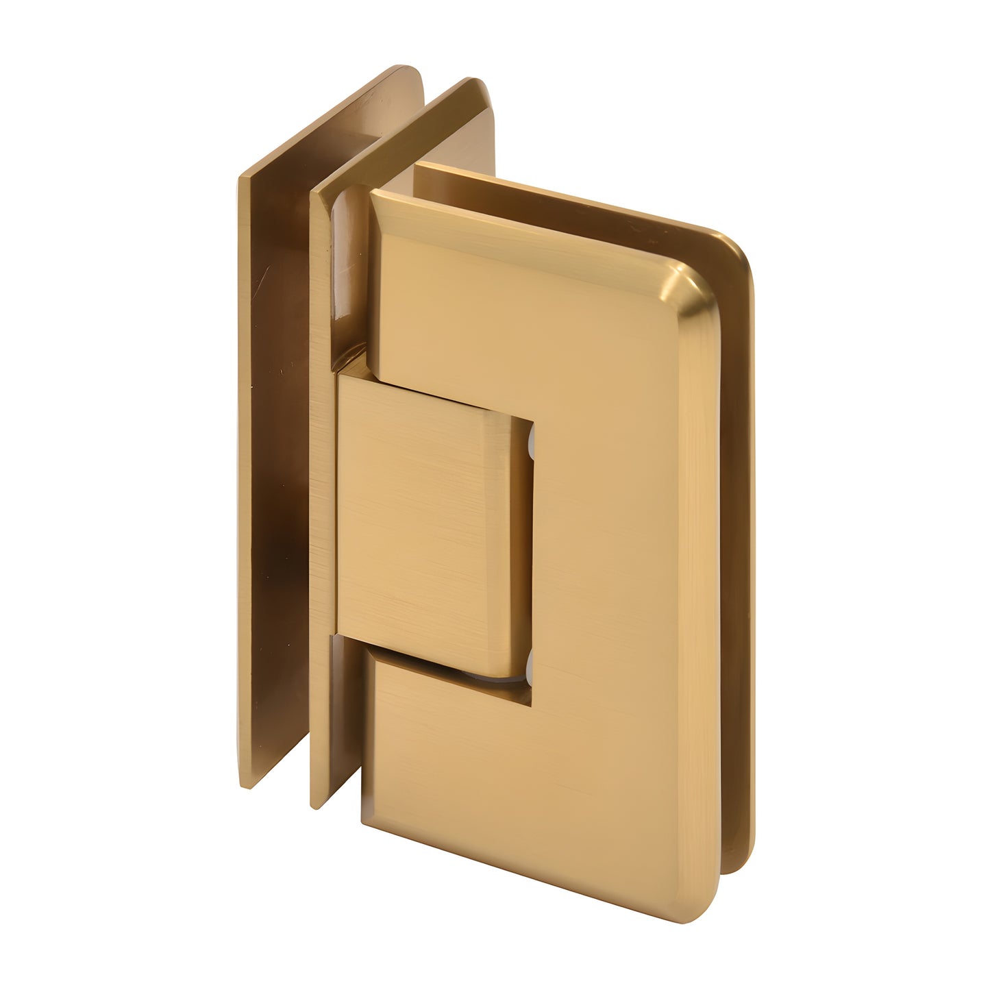 Modern gold beveled brass 90 glass-to-glass shower hinge, Cologne series, for 3/8-1/2" glass.