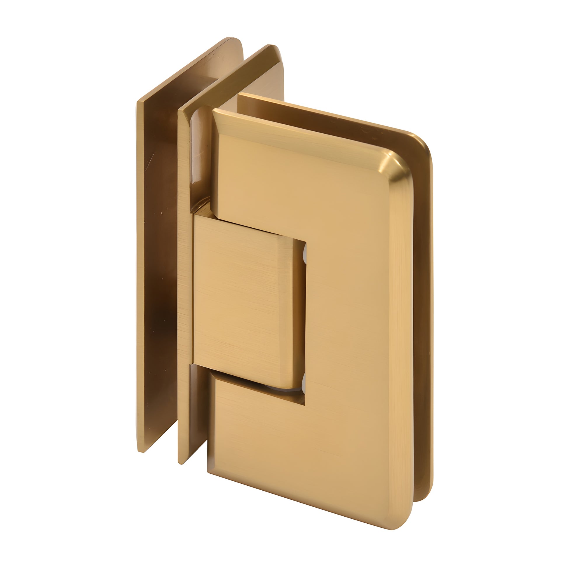 Modern gold beveled brass 90 glass-to-glass shower hinge, Cologne series, for 3/8-1/2" glass.