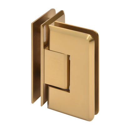 Modern gold beveled brass 90 glass-to-glass shower hinge, Cologne series, for 3/8-1/2" glass.