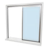 The sliding panel of the CRL Florence pass-thru assembly is fully open, showcasing the clear tempered glass and satin anodized frame.