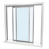 A side-angle view of the CRL Daisy pass-thru assembly showing the sliding mechanism and clear tempered glass panels.