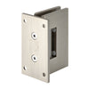 The back plate of the brushed nickel Geneva 037 series hinge showing mounting screw holes.