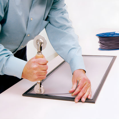 SSBL190B black serrated hollow-core vinyl screen retainer spline, 0.19 in diameter, on blue bulk spool