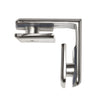 A side profile view of the beveled style glass clamp designed for 90-degree corner connections.