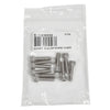 A clear plastic bag containing ten stainless steel socket head cap screws with a product label.