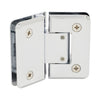A rear view of the polished chrome glass-to-glass hinge showing the mounting screw configuration.