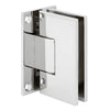An angled perspective of the polished chrome Victoria Series wall mount hinge showing the mounting holes and glass clamping area.