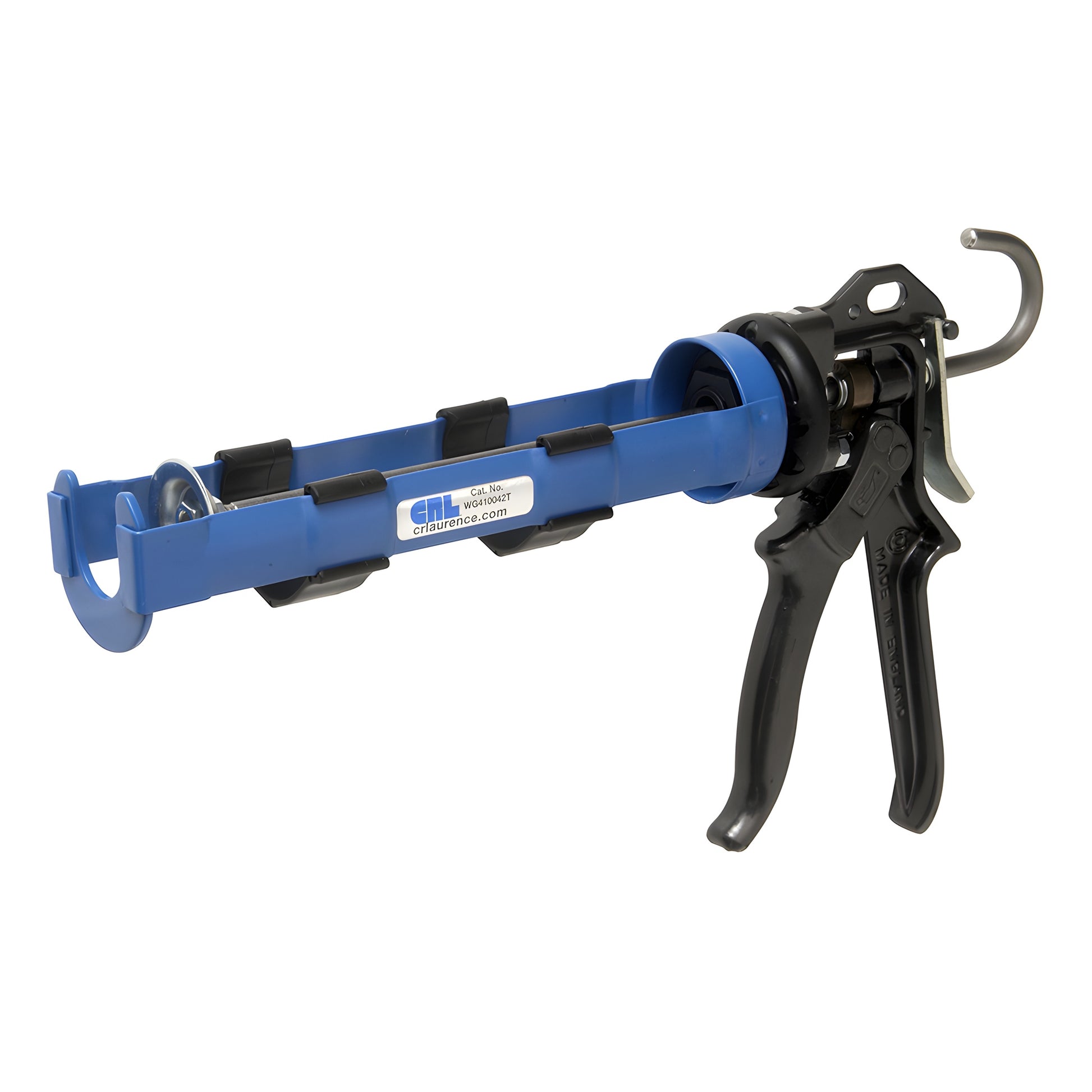 CRL WG410042T 26:1 Ascot caulk gun, blue strap-frame barrel with black contoured handle.