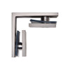 A top-down view of the 90-degree glass-to-glass clamp highlighting the brass construction and glazing gap.