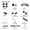 A technical parts list diagram showing the components included in the Cavoli sliding system kit.