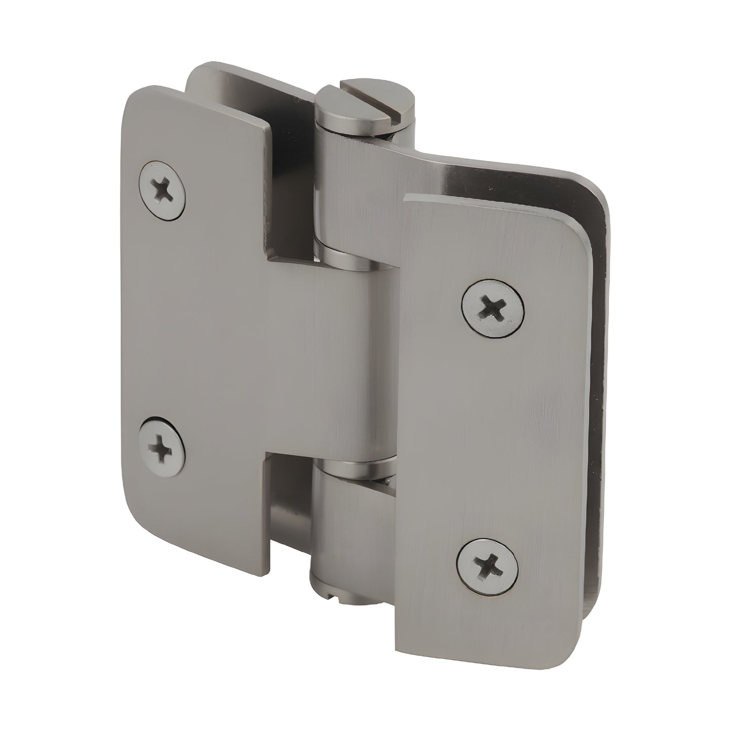 Brushed nickel Zurich bi-fold glass-to-glass hinge for 8-10mm shower glass, square edge. SKU ZUR01BN