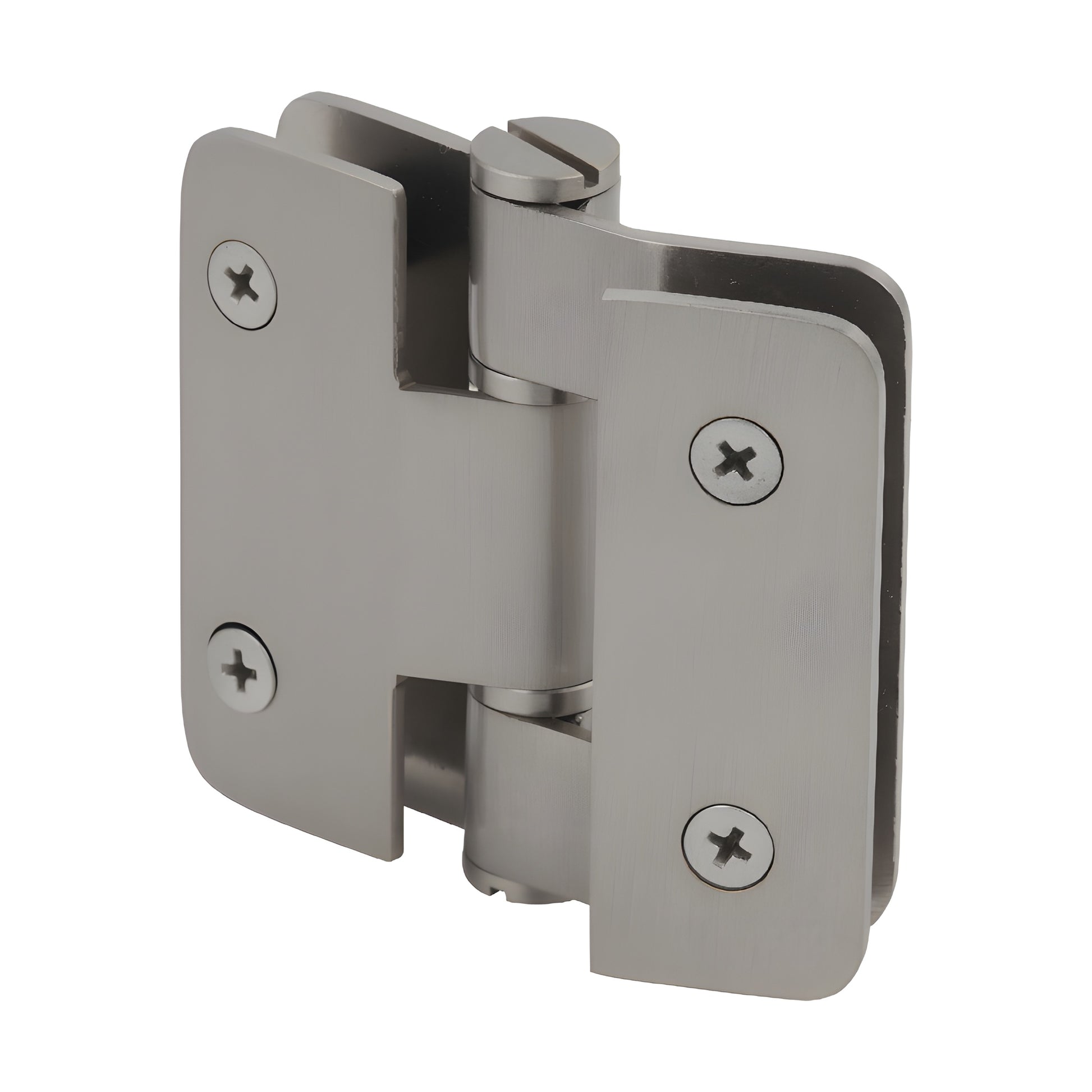 Brushed nickel Zurich bi-fold glass-to-glass hinge for 8-10mm shower glass, square edge. SKU ZUR01BN