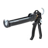 An angled view of the caulking gun showing the internal strap mechanism and handle assembly.